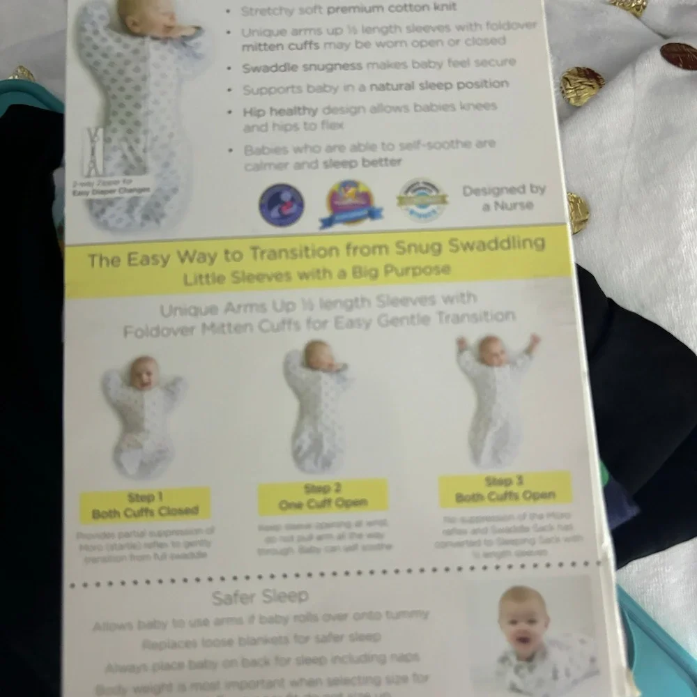 SwaddleDesigns Transitional Swaddle Sack Baby Small White Blue New Mitten Cuffs